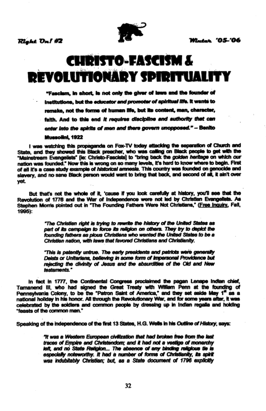 Mintar 0506  -FASCISM & REVOLUTIONARY SPIRITUALITY  “Fasclam, In shart,Ia ot only the giver of lews and the founder of Inetitutions, but the eckrcator and promoter of spirftuel e &t wants to remake, not the forme of human e, but Ns content, man, character, fakh. And to this end It requires dlsciplive and authorty that can ‘onter nto the spiits of men and there govern unopposed.” - Beslto “The Ciriston rght i rying to rowrk the hisory o the Unked Siates ss: part of Rs compakg o orce ks roighon on others. They by Io depkc the Tounding fethors 83 plous Christens who waniod the Unied Siaies 0 b0 & hristian naton, weh laws thal favored Christans and Christany.  s potonty unbuo. The eary prosidents and patriots wero genersly o Untaans batevg hsome o of kparcne Pokirce it rpcting the divinty of Jesus and the sbeurdities of the OKl and Now  m  ‘Spaaking of the ndependence of e frs 13 State, H.G. Well n b Outine o Hiskry, says:  ‘noloworthy. 1t hod & number of forms of Chvistanky, s spkt  It wes  Wostor European civitzaton that had broken oo rom the lest races of Empito and Crvistendom; and & had not & vesiige of monerchy oft, 1 Stato Refghon... The aboence of any binding rokpkous t is  indublably Christan; but, s @ State document of 1796 expicily  spaciety wes 